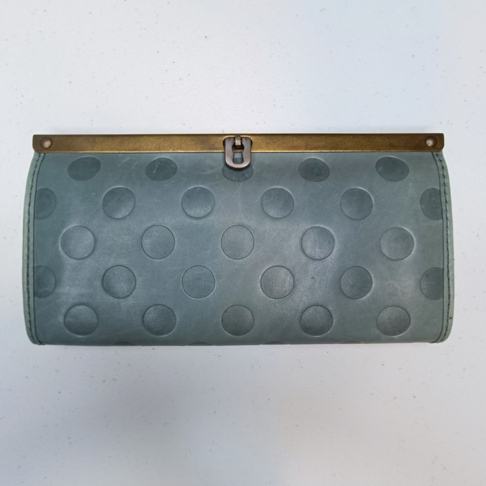 Fossil Dusty Blue Polka Dot Embossed Leather And Brass Wallet